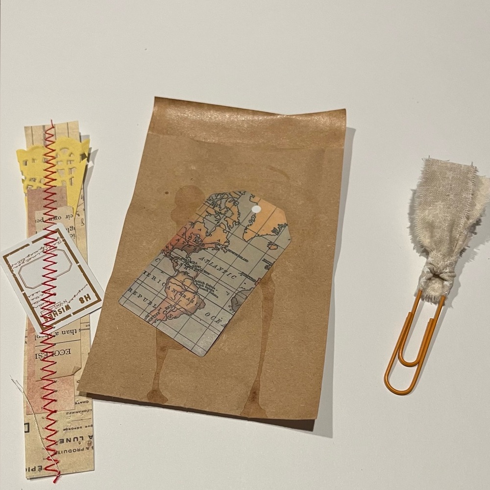 Brown paper envelope, Rustic Paper Clip with Fabric Accent,paper ephemera strip
